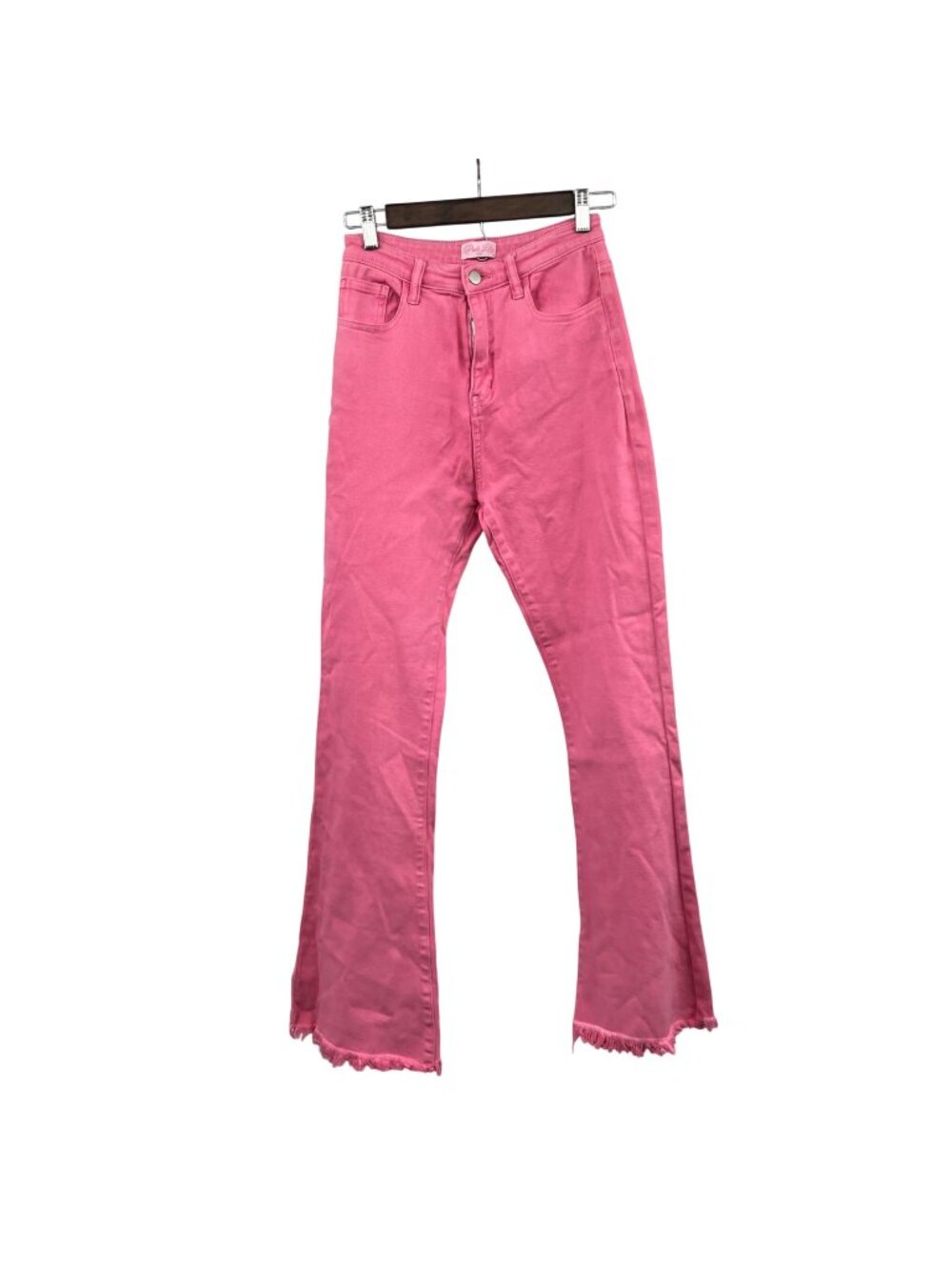 Pink Lily Womens Flare Leg Jeans Pink High Rise Frayed Cuff Size 25 Waist